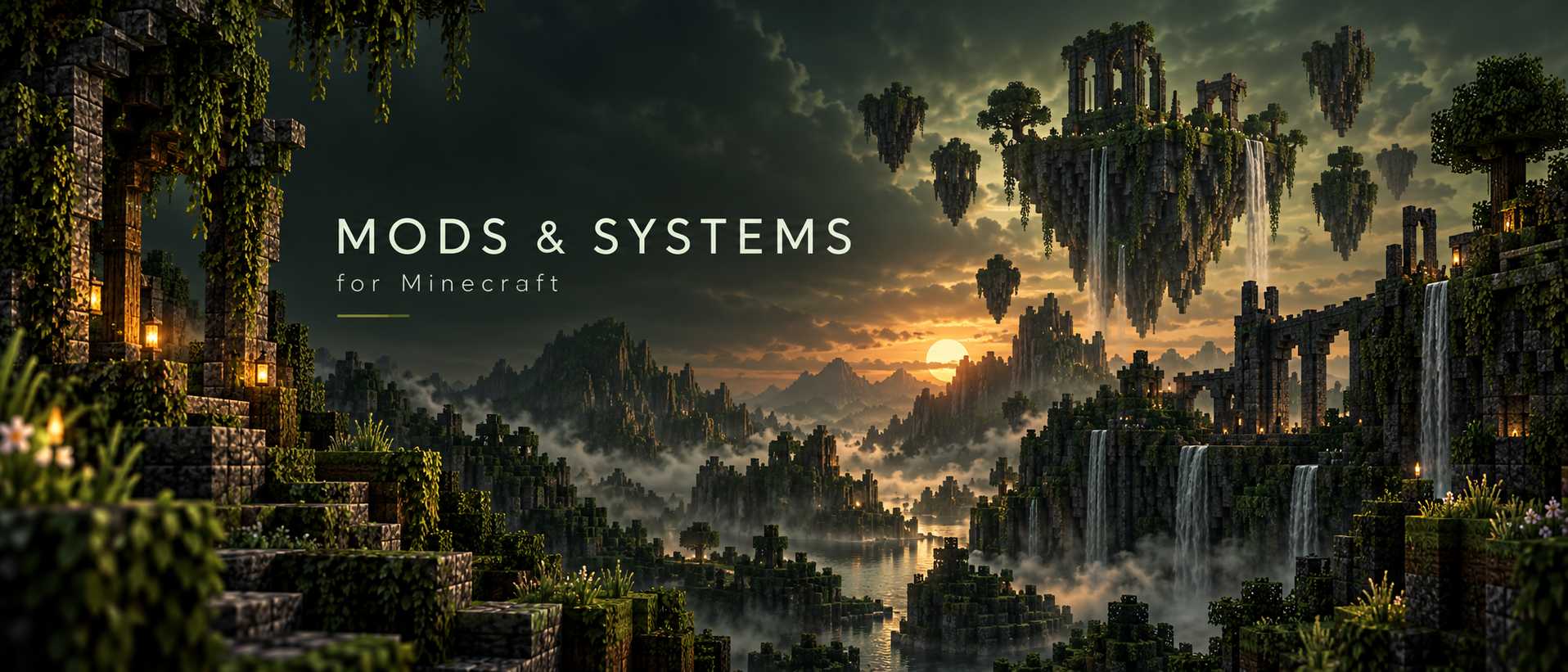 Mods and systems for Minecraft — overgrown floating ruins at sunset.