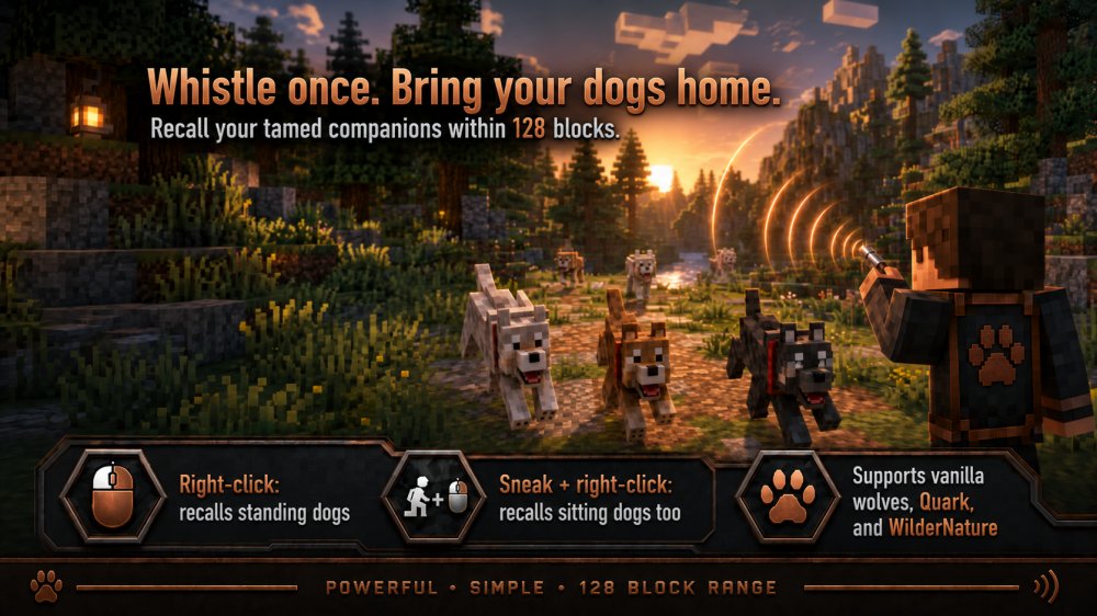 A player uses a copper-accented whistle at sunset while three tamed dogs run back across a Minecraft forest.