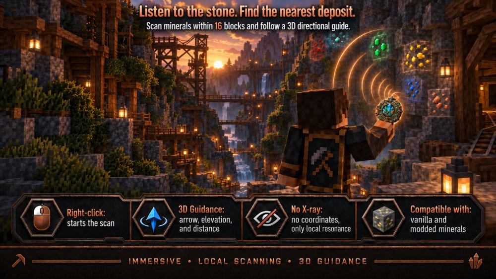 A player holds a glowing Seal of the Stone toward a cliff face at sunset while nearby ores resonate in the rock.